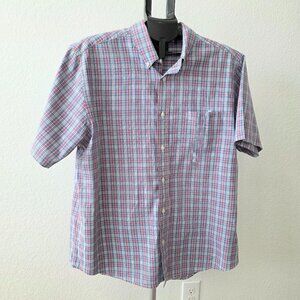 CHAPS SUN DRENCHED POPLIN MEN XL BLUE WHITE AND RED PLAID SHORT SLEEVE SHIRT